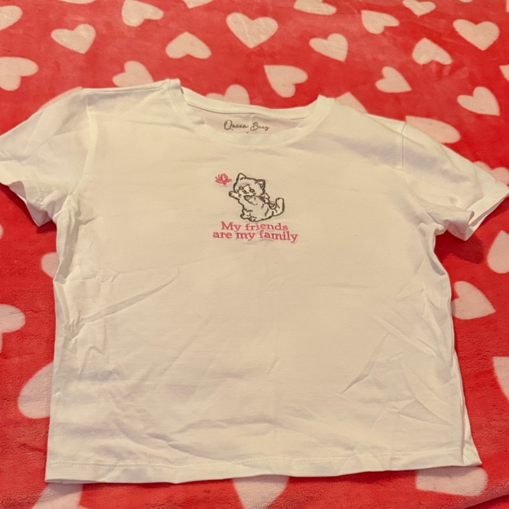 Queen Bees White Tee with Pink Cat Design